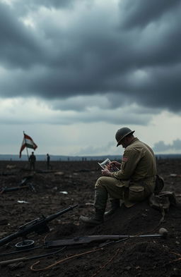 A somber and reflective scene depicting the emotional landscape of war, showcasing a solitary soldier seated on the edge of a barren battlefield, looking solemnly at a photograph of loved ones