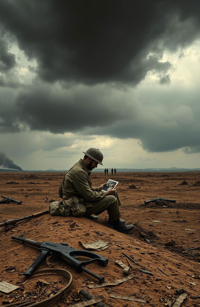 A somber and reflective scene depicting the emotional landscape of war, showcasing a solitary soldier seated on the edge of a barren battlefield, looking solemnly at a photograph of loved ones