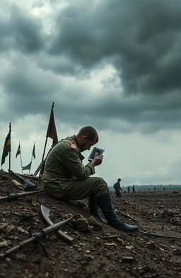 A somber and reflective scene depicting the emotional landscape of war, showcasing a solitary soldier seated on the edge of a barren battlefield, looking solemnly at a photograph of loved ones