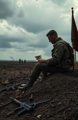 A somber and reflective scene depicting the emotional landscape of war, showcasing a solitary soldier seated on the edge of a barren battlefield, looking solemnly at a photograph of loved ones