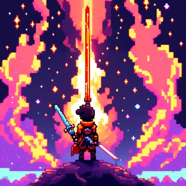 Pixel art profile picture featuring a standalone flame sword with no people, set against a cosmic background filled with stars, nebulas, and distant galaxies