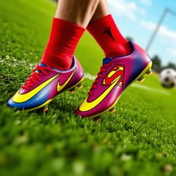 A visually striking pair of Nike Mercurial soccer cleats themed around Superman, showcasing a bold combination of red, blue, and yellow colors