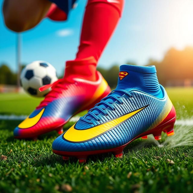 A visually striking pair of Nike Mercurial soccer cleats themed around Superman, showcasing a bold combination of red, blue, and yellow colors