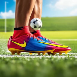 A visually striking pair of Nike Mercurial soccer cleats themed around Superman, showcasing a bold combination of red, blue, and yellow colors