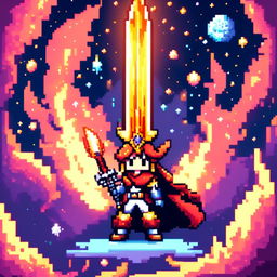 Pixel art profile picture featuring a standalone flame sword with no people, set against a cosmic background filled with stars, nebulas, and distant galaxies