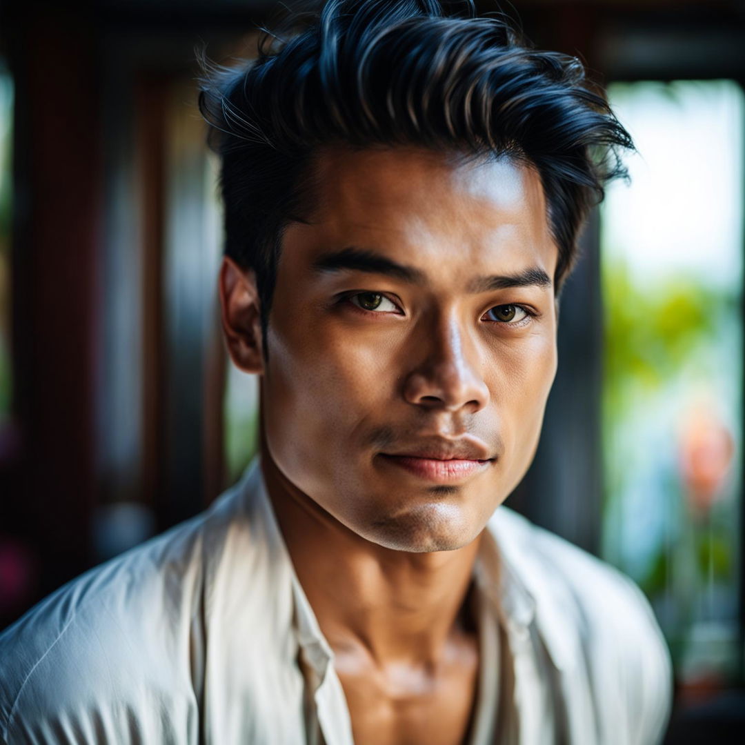 Portrait of a handsome Waisian man with high cheekbones, almond-shaped eyes, and a strong jawline