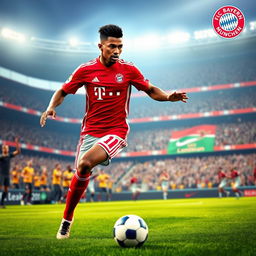 A digital art representation of a career mode featuring a fictional player named Maxwell, wearing the Bayern Munich jersey