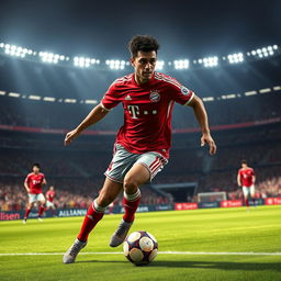 A digital art representation of a career mode featuring a fictional player named Maxwell, wearing the Bayern Munich jersey