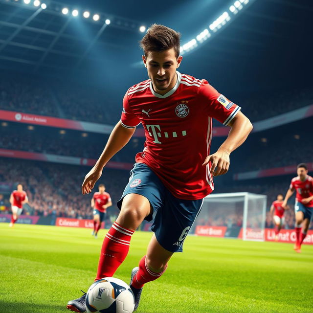 A digital art representation of a career mode featuring a fictional player named Maxwell, wearing the Bayern Munich jersey