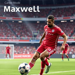 A digital art representation of a career mode featuring a fictional player named Maxwell, wearing the Bayern Munich jersey