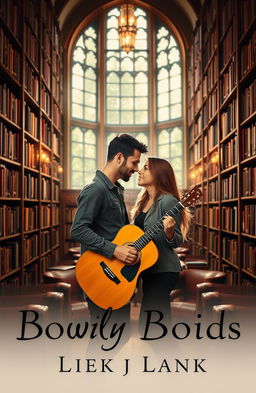 A romantic scene featuring a couple in a cozy library, surrounded by towering bookshelves filled with books