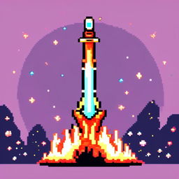 Pixel art profile picture featuring a standalone flame sword with no people, set against a cosmic background filled with stars, nebulas, and distant galaxies