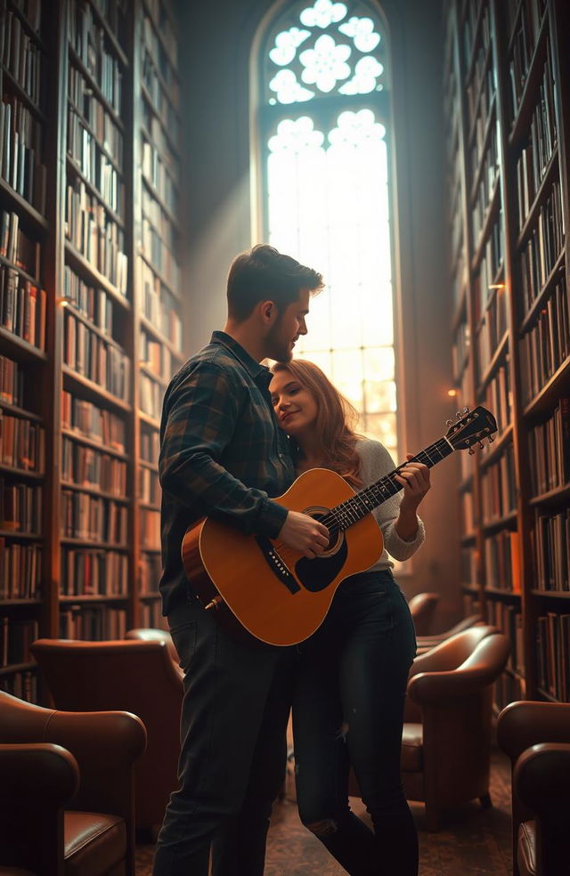 A romantic scene featuring a couple in a cozy library, surrounded by towering bookshelves filled with books