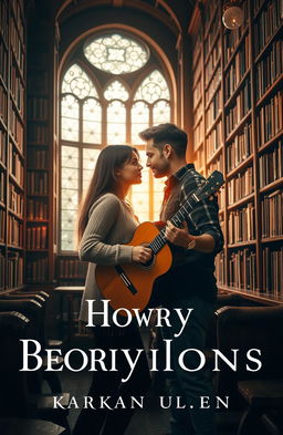 A romantic scene featuring a couple in a cozy library, surrounded by towering bookshelves filled with books