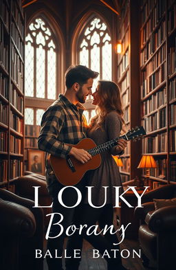 A romantic scene featuring a couple in a cozy library, surrounded by towering bookshelves filled with books