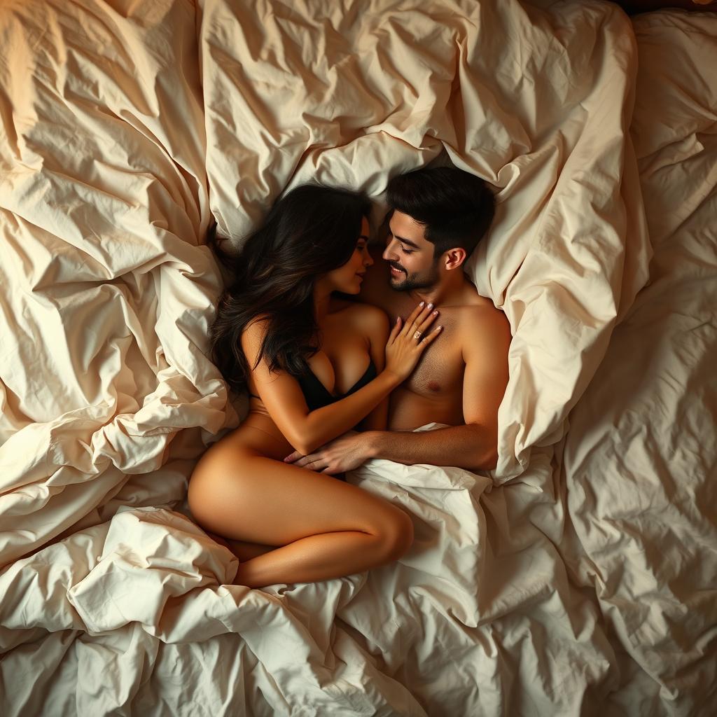 A sensual scene featuring a sexy female figure playfully interacting with a male figure beneath a set of luxurious and slightly rumpled bed sheets