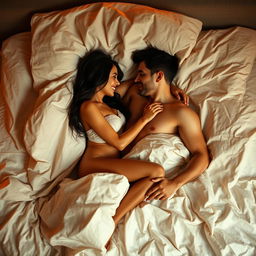 A sensual scene featuring a sexy female figure playfully interacting with a male figure beneath a set of luxurious and slightly rumpled bed sheets