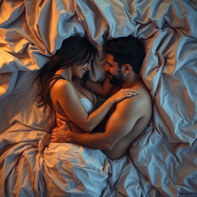 A sensual scene featuring a sexy female figure playfully interacting with a male figure beneath a set of luxurious and slightly rumpled bed sheets