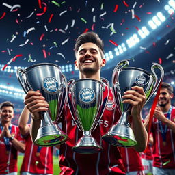 A vibrant digital artwork depicting a fictional player named Maxwell, celebrating as he holds multiple trophies after a successful career mode with Bayern Munich