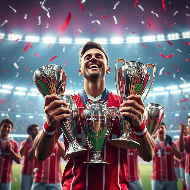 A vibrant digital artwork depicting a fictional player named Maxwell, celebrating as he holds multiple trophies after a successful career mode with Bayern Munich