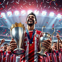 A vibrant digital artwork depicting a fictional player named Maxwell, celebrating as he holds multiple trophies after a successful career mode with Bayern Munich