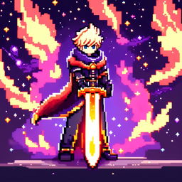 Pixel art profile picture featuring a standalone flame sword with no people, set against a cosmic background filled with stars, nebulas, and distant galaxies