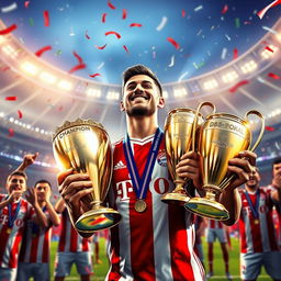 A vibrant digital artwork depicting a fictional player named Maxwell, celebrating as he holds multiple trophies after a successful career mode with Bayern Munich