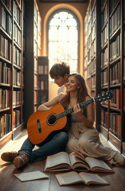A romantic couple inside a cozy library, surrounded by tall shelves filled with books
