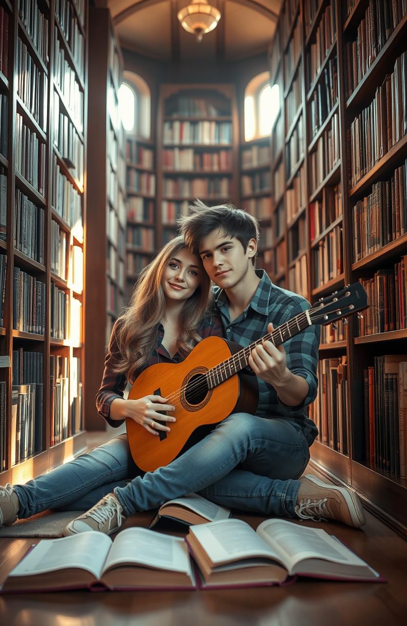 A romantic couple inside a cozy library, surrounded by tall shelves filled with books