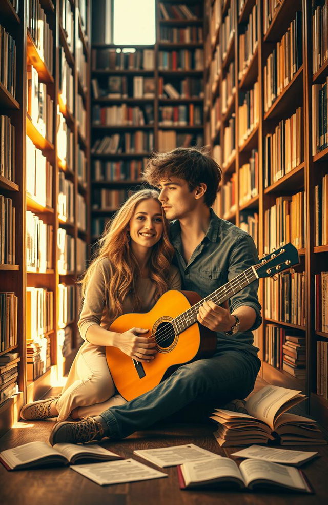 A romantic couple inside a cozy library, surrounded by tall shelves filled with books