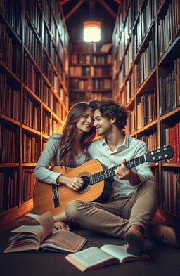A romantic couple inside a cozy library, surrounded by tall shelves filled with books