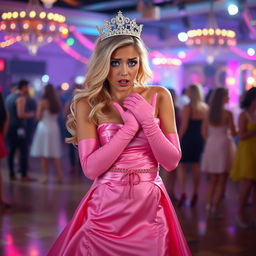 A blonde prom queen with blue eyes in a satin pink strapless prom gown that is ripped open