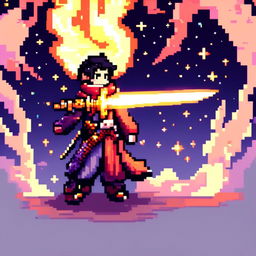 Pixel art profile picture featuring a standalone flame sword with no people, set against a cosmic background filled with stars, nebulas, and distant galaxies