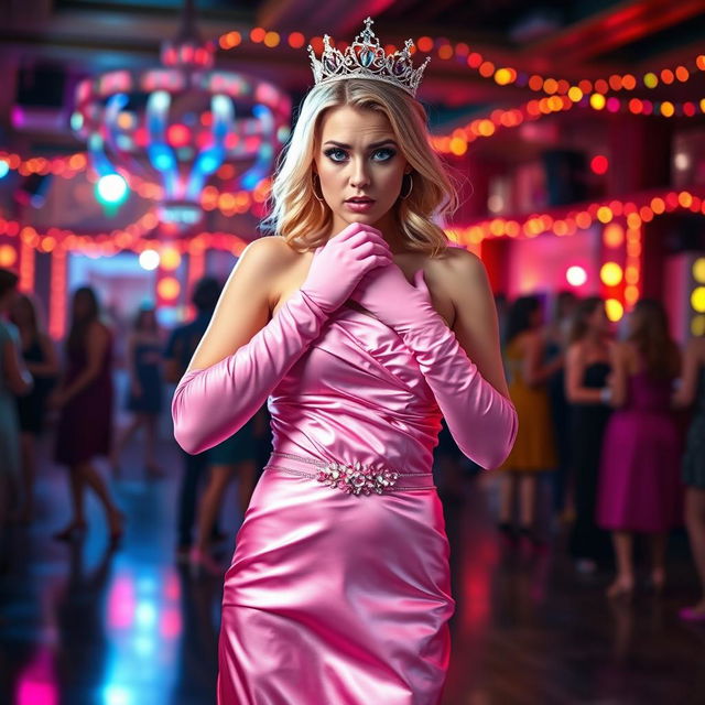 A blonde prom queen with blue eyes in a satin pink strapless prom gown that is ripped open