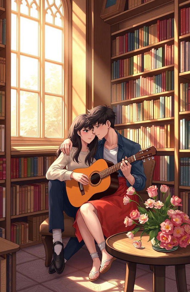 A romantic couple sitting together inside a cozy library surrounded by bookshelves filled with colorful books