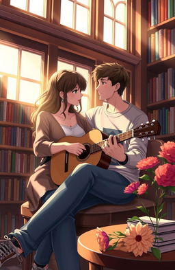 A romantic couple sitting together inside a cozy library surrounded by bookshelves filled with colorful books
