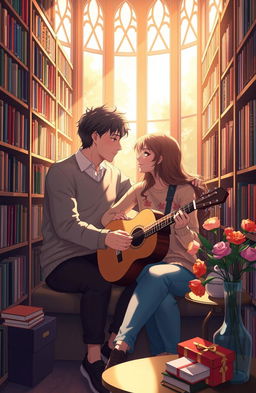 A romantic couple sitting together inside a cozy library surrounded by bookshelves filled with colorful books