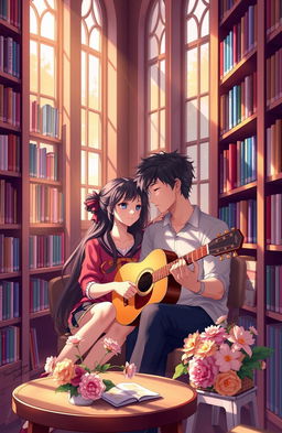 A romantic couple sitting together inside a cozy library surrounded by bookshelves filled with colorful books