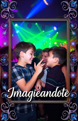 Two boys at a lively party surrounded by colorful lights, joyfully interacting with each other, with a vibrant atmosphere and a sense of fun and friendship