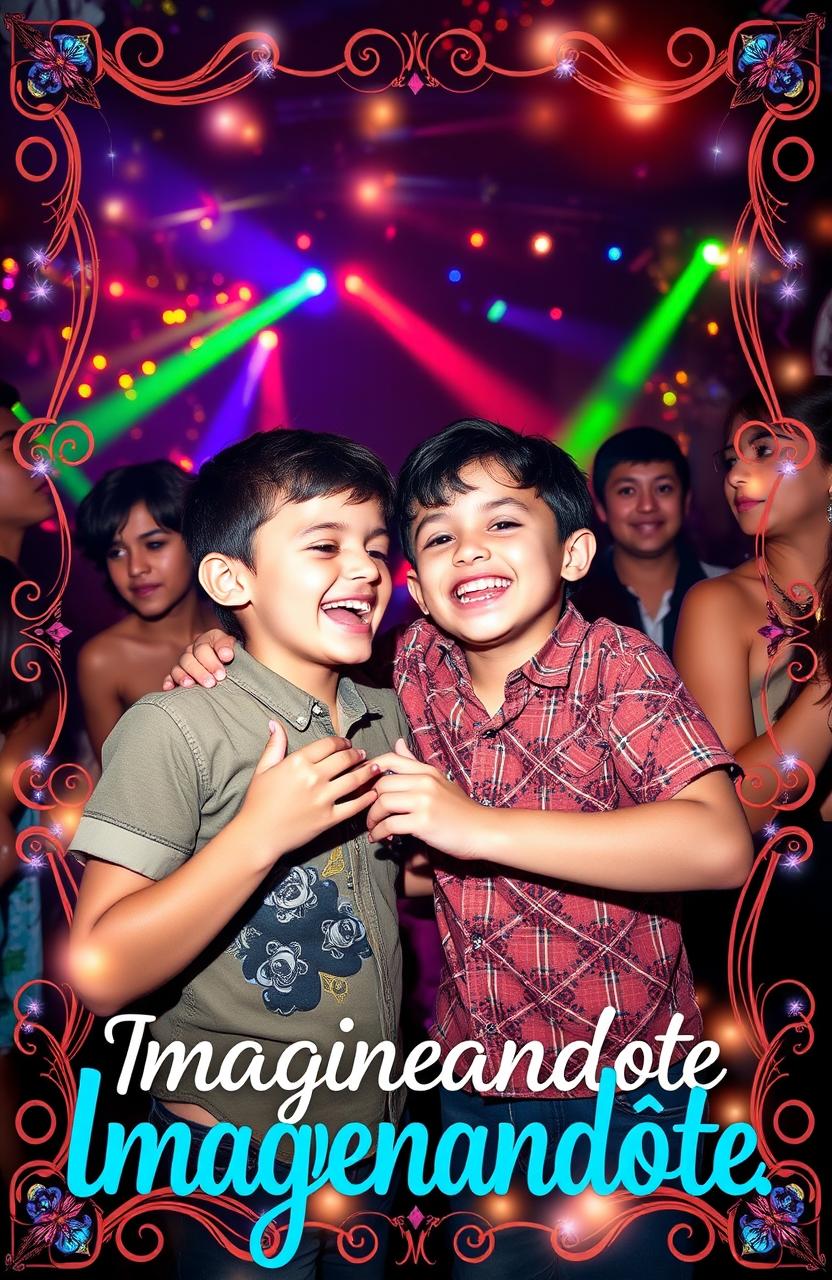 Two boys at a lively party surrounded by colorful lights, joyfully interacting with each other, with a vibrant atmosphere and a sense of fun and friendship