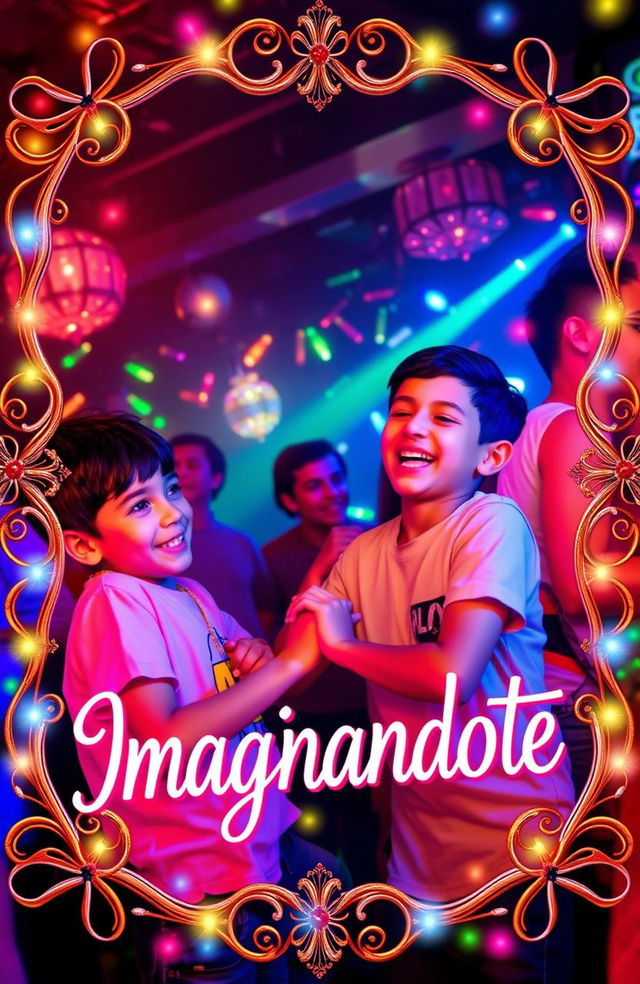 Two boys at a lively party surrounded by colorful lights, joyfully interacting with each other, with a vibrant atmosphere and a sense of fun and friendship