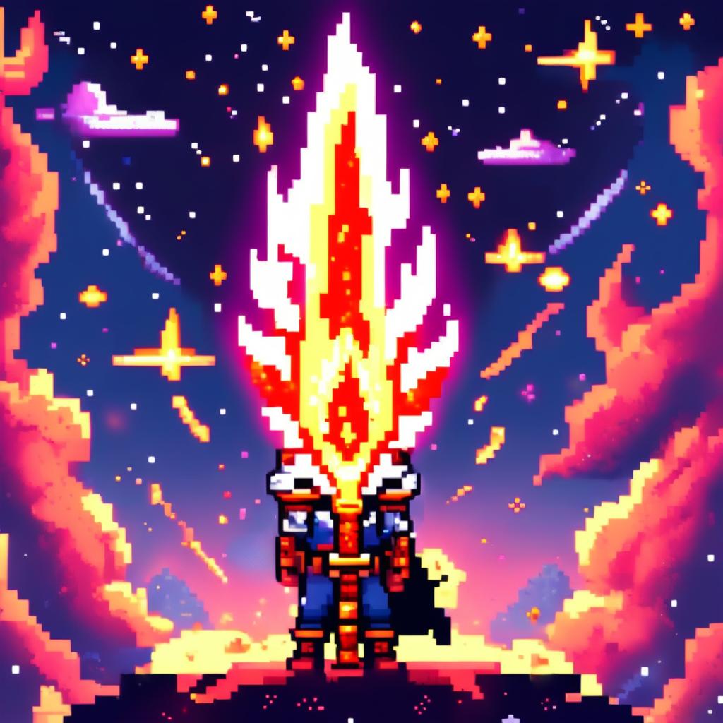 Pixel art profile picture featuring a standalone flame sword with no people, set against a cosmic background filled with stars, nebulas, and distant galaxies