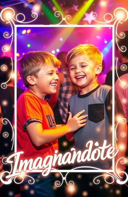 Two boys at a lively party surrounded by colorful lights, joyfully interacting with each other, with a vibrant atmosphere and a sense of fun and friendship
