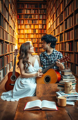 A romantic couple sitting on the floor of a cozy library surrounded by tall shelves filled with books