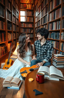 A romantic couple sitting on the floor of a cozy library surrounded by tall shelves filled with books