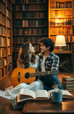 A romantic couple sitting on the floor of a cozy library surrounded by tall shelves filled with books