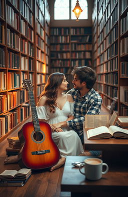 A romantic couple sitting on the floor of a cozy library surrounded by tall shelves filled with books
