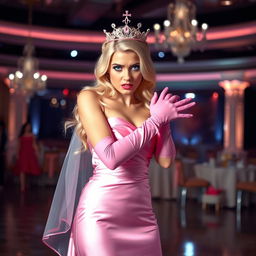 A blonde prom queen with striking blue eyes, wearing pink elbow-length gloves and pink heels, standing in a glamorous dance hall