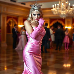 A blonde prom queen with striking blue eyes, wearing pink elbow-length gloves and pink heels, standing in a glamorous dance hall