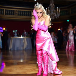 A blonde prom queen with striking blue eyes, wearing pink elbow-length gloves and pink heels, standing in a glamorous dance hall